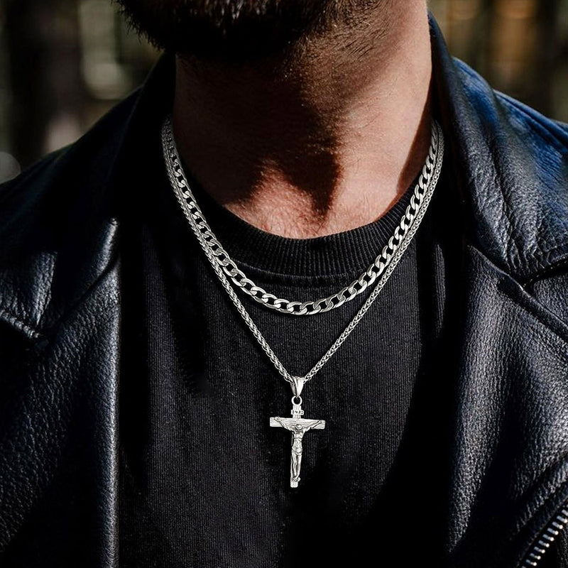 Jesus Crucifix Cross & Cuban Chain Layered Necklaces Set for