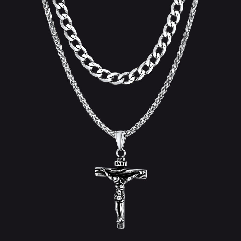 Gift for Jesus Cross & Cuban Chain Layered Necklace Set Birthday Gift