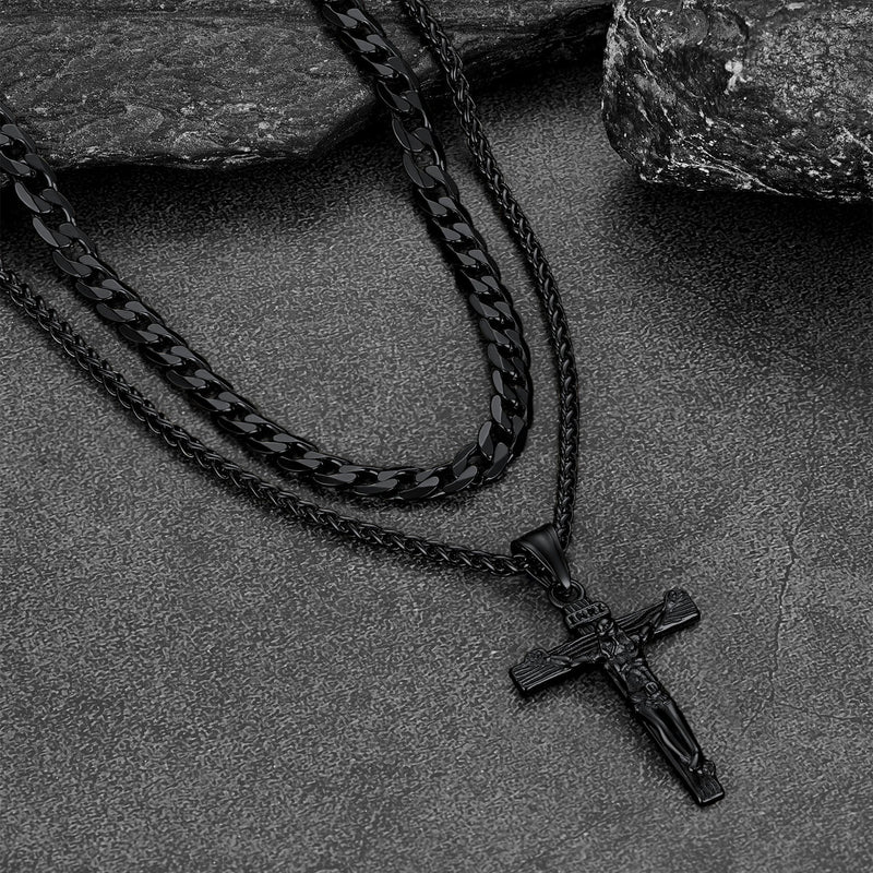 Jesus Crucifix Cross & Cuban Chain Layered Necklaces Set for