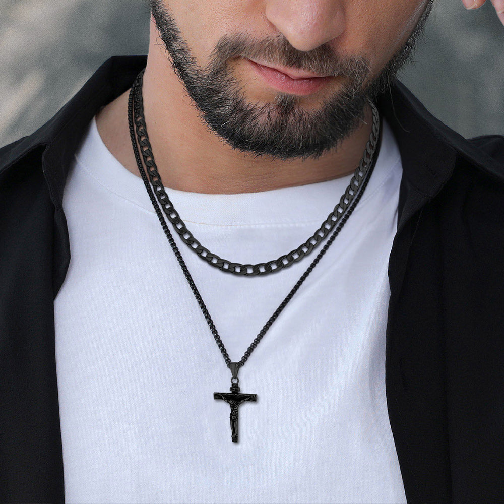 Gift for Jesus Cross & Cuban Chain Layered Necklace Set Birthday Gift