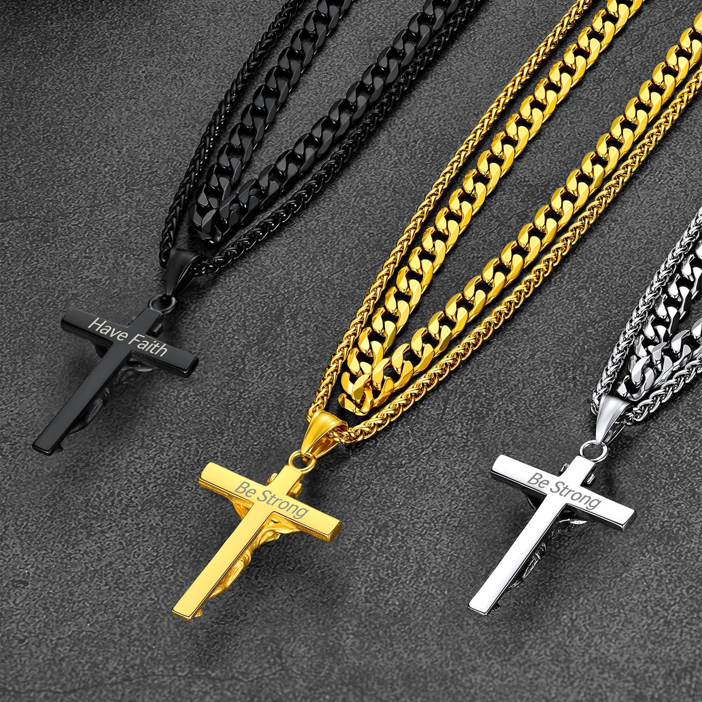 Jesus Crucifix Cross & Cuban Chain Layered Necklaces Set for