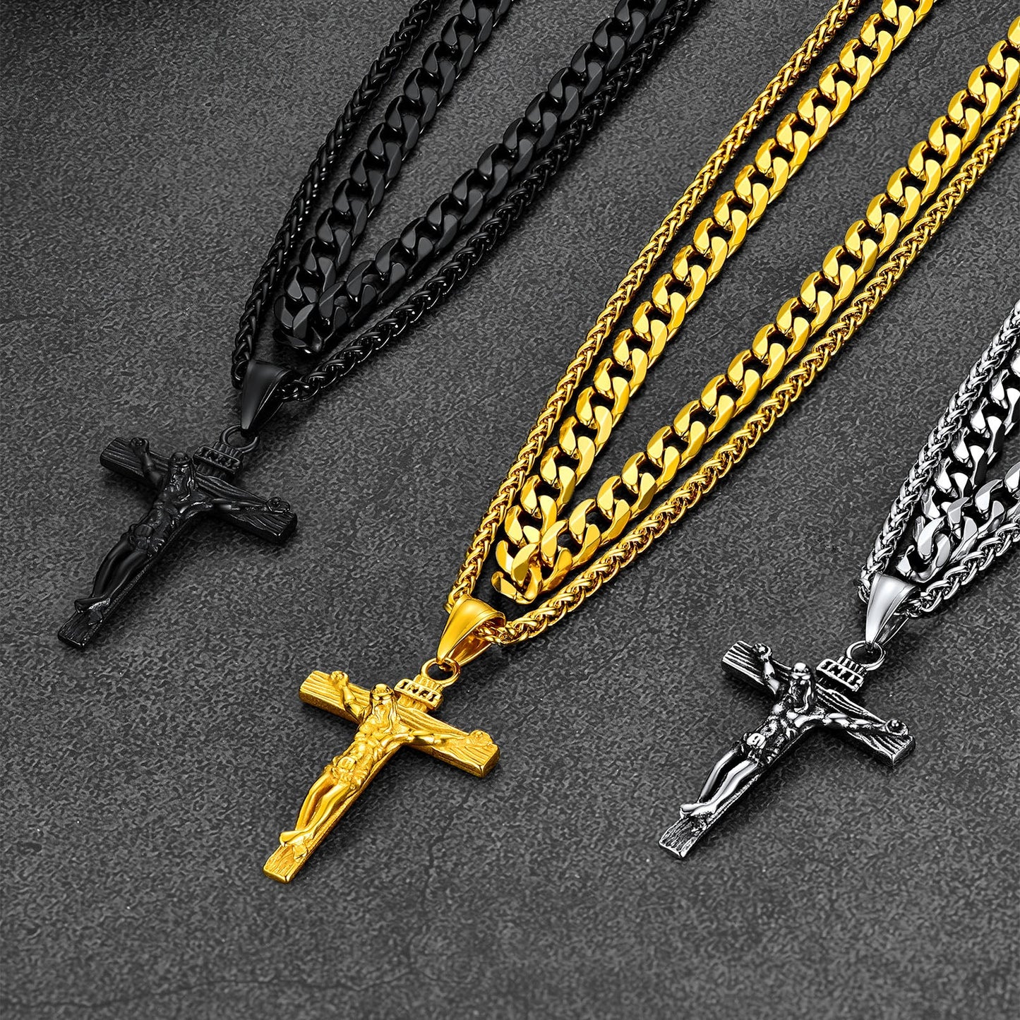 Jesus Crucifix Cross & Cuban Chain Layered Necklaces Set for