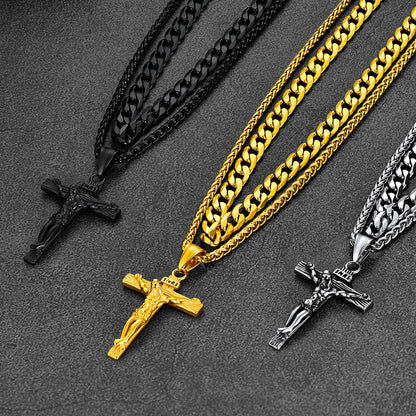 Gift for Jesus Cross & Cuban Chain Layered Necklace Set Birthday Gift