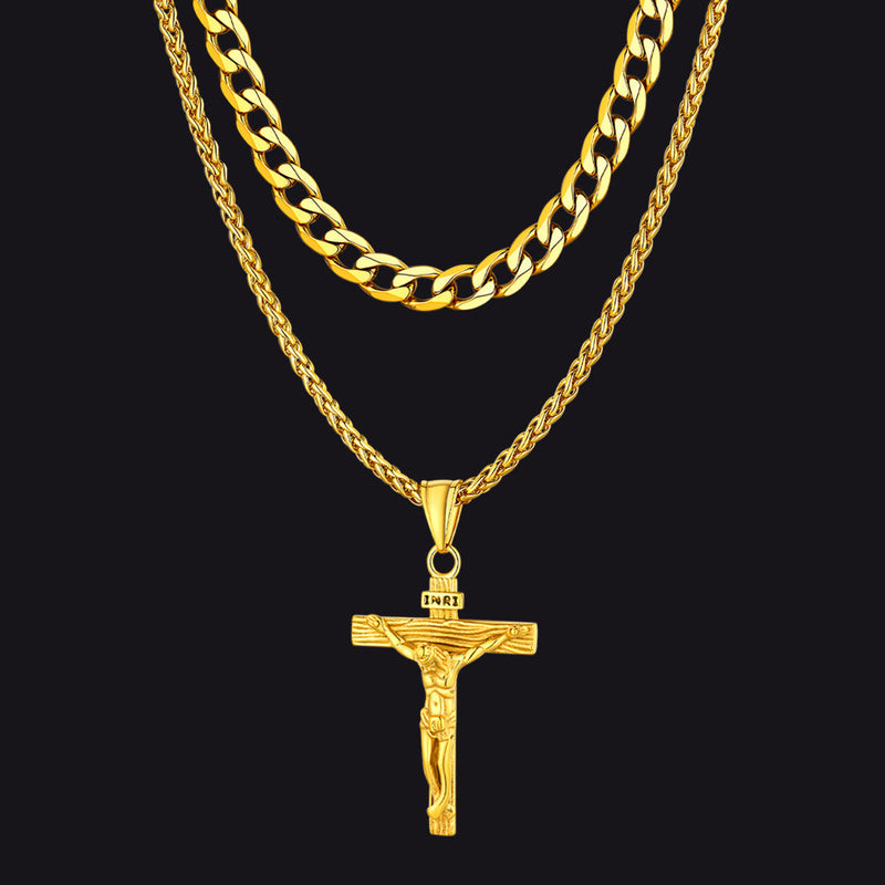Jesus Crucifix Cross & Cuban Chain Layered Necklaces Set for
