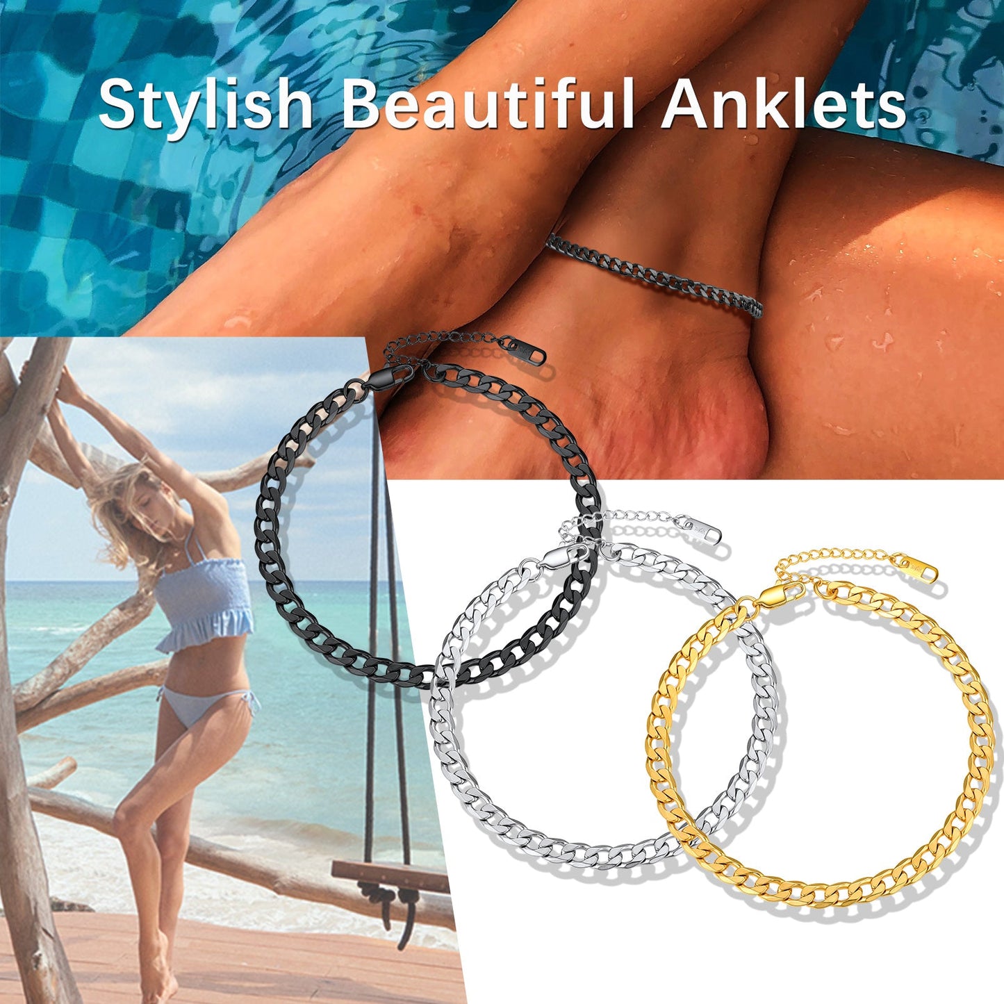 Stainless Steel Cuban Chain Link Anklet Bracelet for