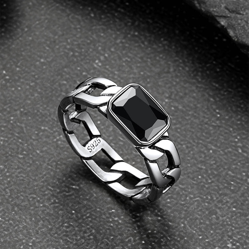 S925 Silver Cuban Link Chain Band Ring With Cubic Zirconia