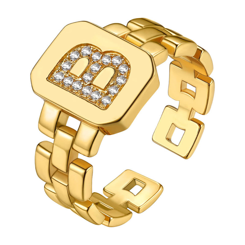 Cubic Zirconia Initial Letter Adjustable Chain Signet Rings for