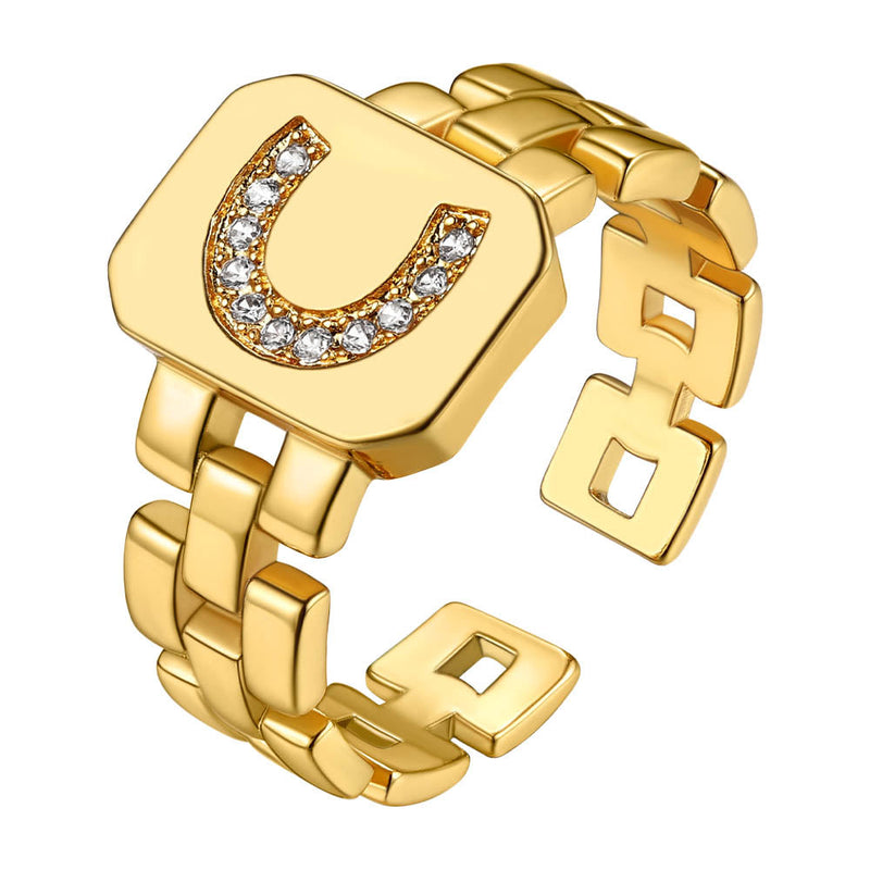 Cubic Zirconia Initial Letter Adjustable Chain Signet Rings for