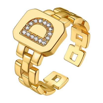 Cubic Zirconia Initial Letter Adjustable Chain Signet Rings for
