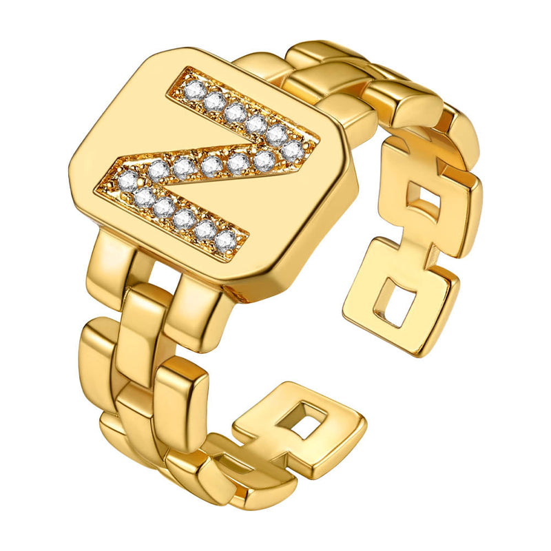 Cubic Zirconia Initial Letter Adjustable Chain Signet Rings for