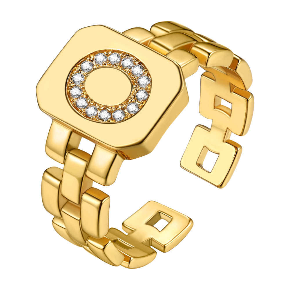 Cubic Zirconia Initial Letter Adjustable Chain Signet Rings for