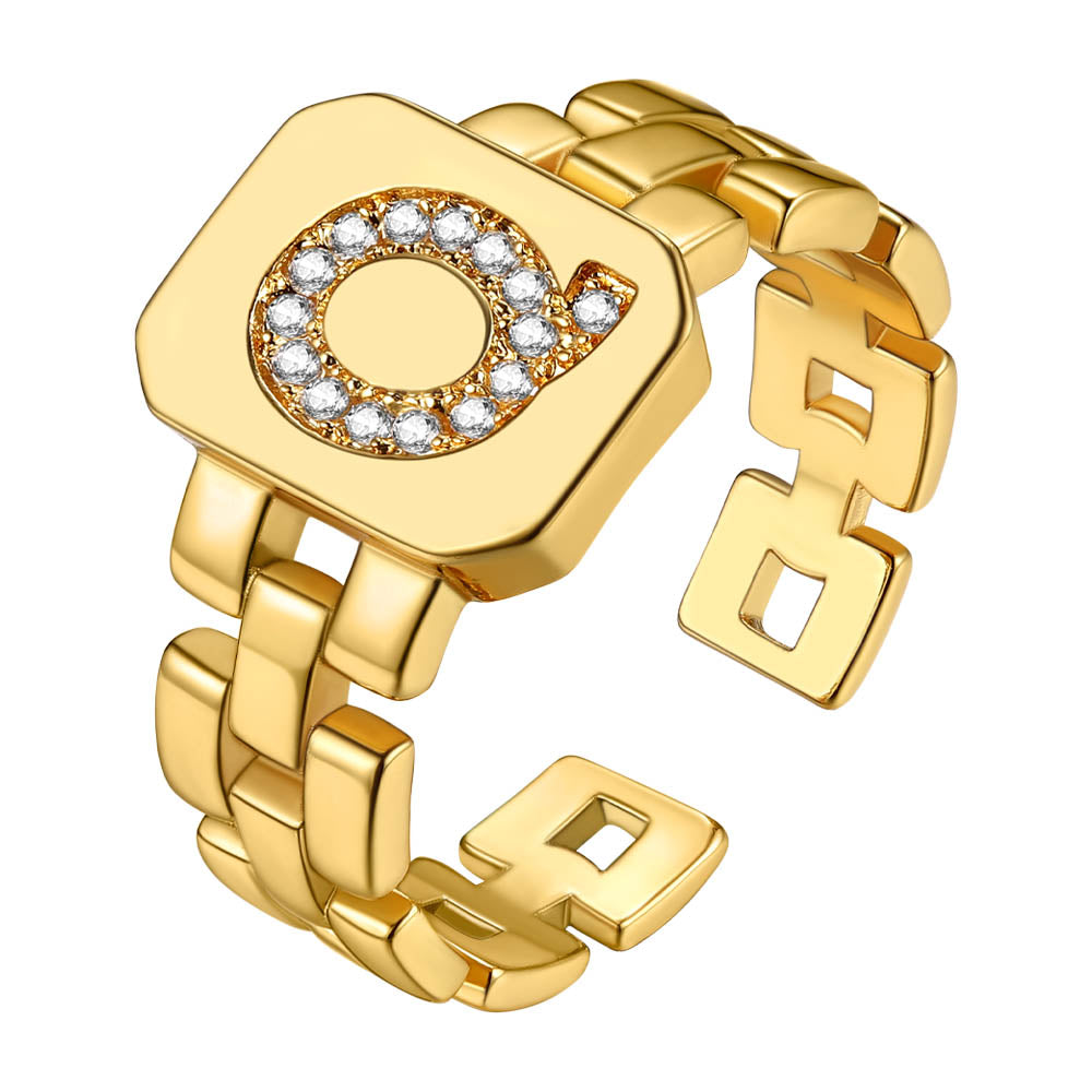 Cubic Zirconia Initial Letter Adjustable Chain Signet Rings for