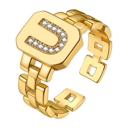 Cubic Zirconia Initial Letter Adjustable Chain Signet Rings for