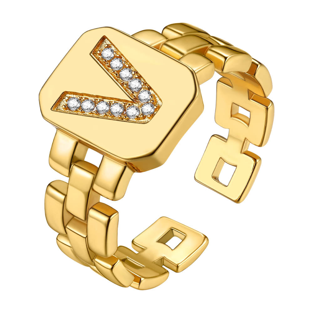Cubic Zirconia Initial Letter Adjustable Chain Signet Rings for