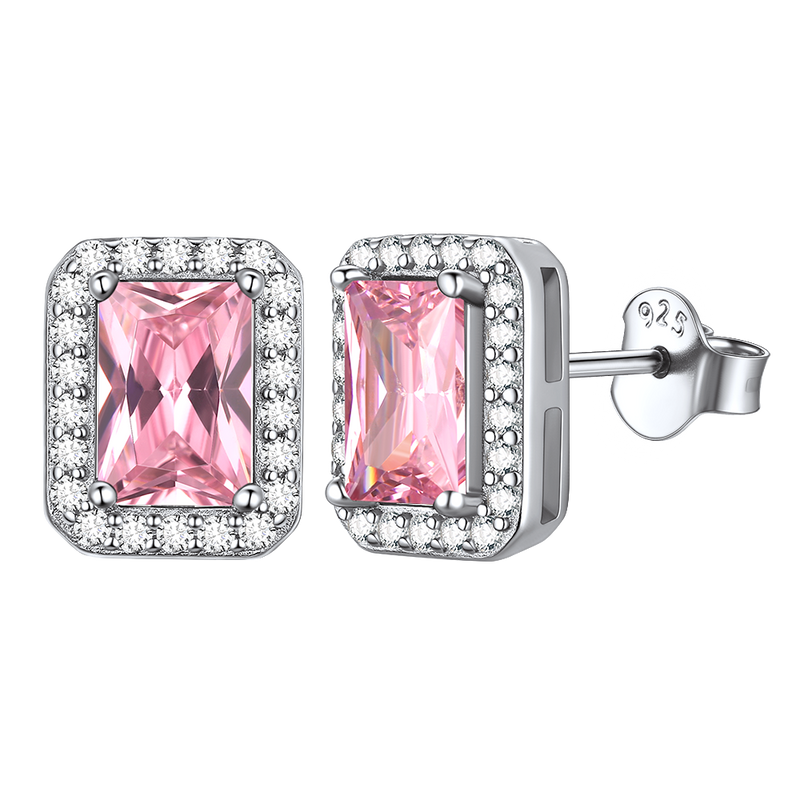 Silver Cubic Zirconia Square Cut Halo Stud Earrings for