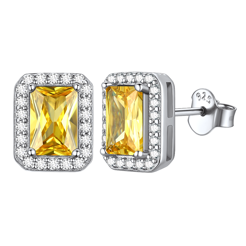 Silver Cubic Zirconia Square Cut Halo Stud Earrings for