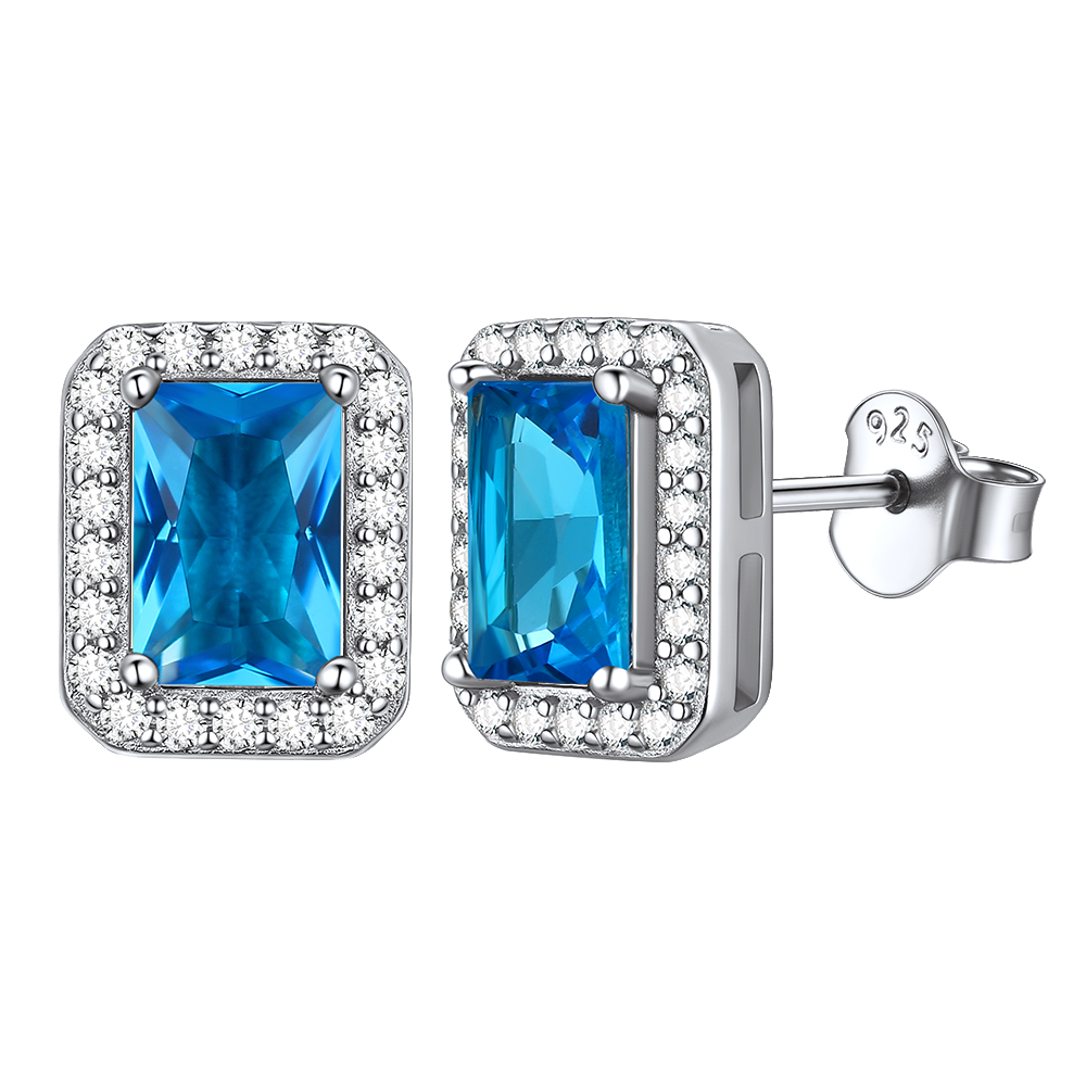 Silver Cubic Zirconia Square Cut Halo Stud Earrings for