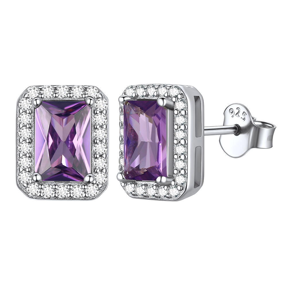 Silver Cubic Zirconia Square Cut Halo Stud Earrings for