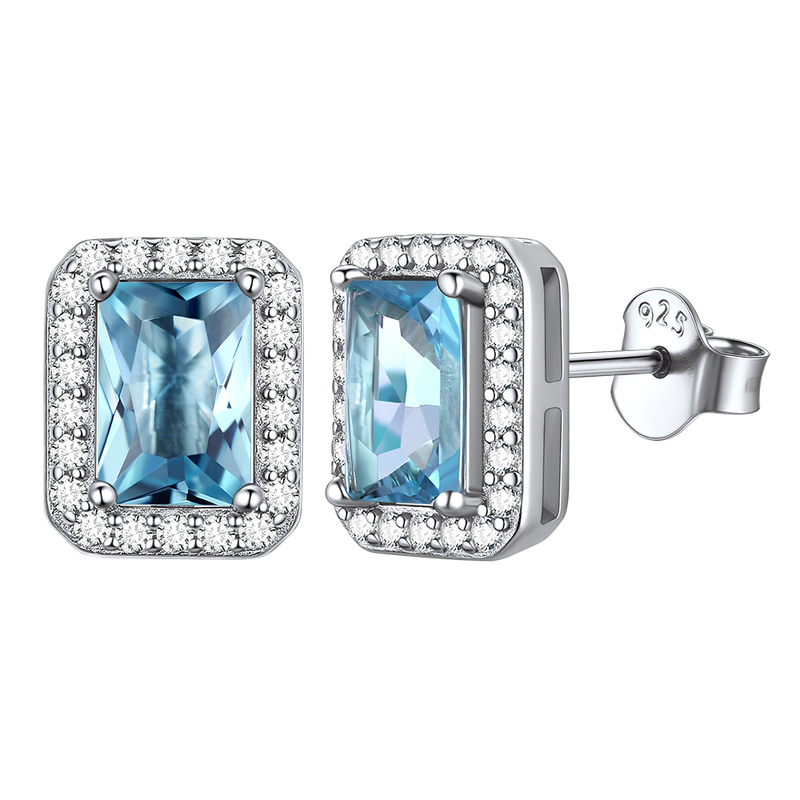 Silver Cubic Zirconia Square Cut Halo Stud Earrings for