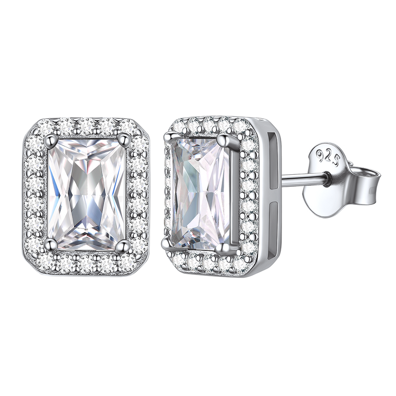 Silver Cubic Zirconia Square Cut Halo Stud Earrings for