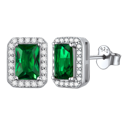 Silver Cubic Zirconia Square Cut Halo Stud Earrings for