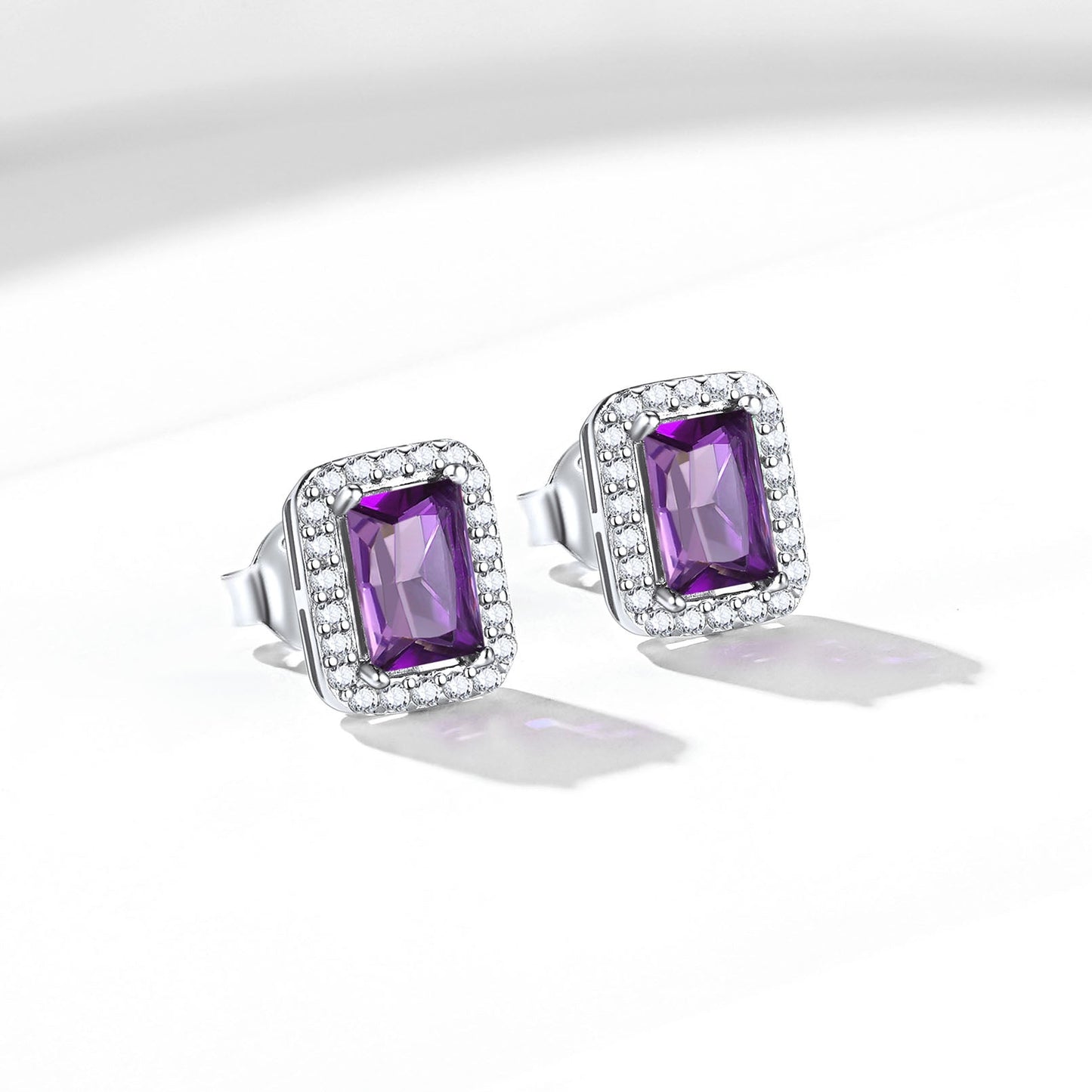 Silver Cubic Zirconia Square Cut Halo Stud Earrings for