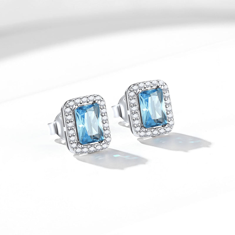 Silver Cubic Zirconia Square Cut Halo Stud Earrings for