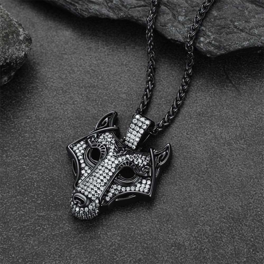 Hip Hop Viking Wolf Head Fenrir Necklace With Cubic Zirconia