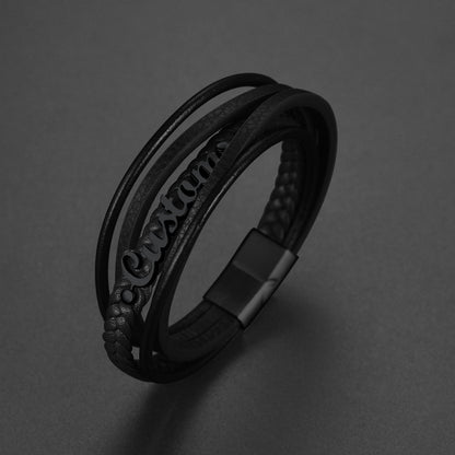 Custom Clasp Braided Leather Wristband Bracelet for Son Dad