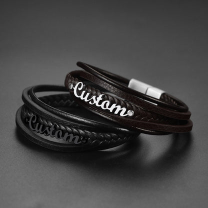 Custom Clasp Braided Leather Wristband Bracelet for Son Dad