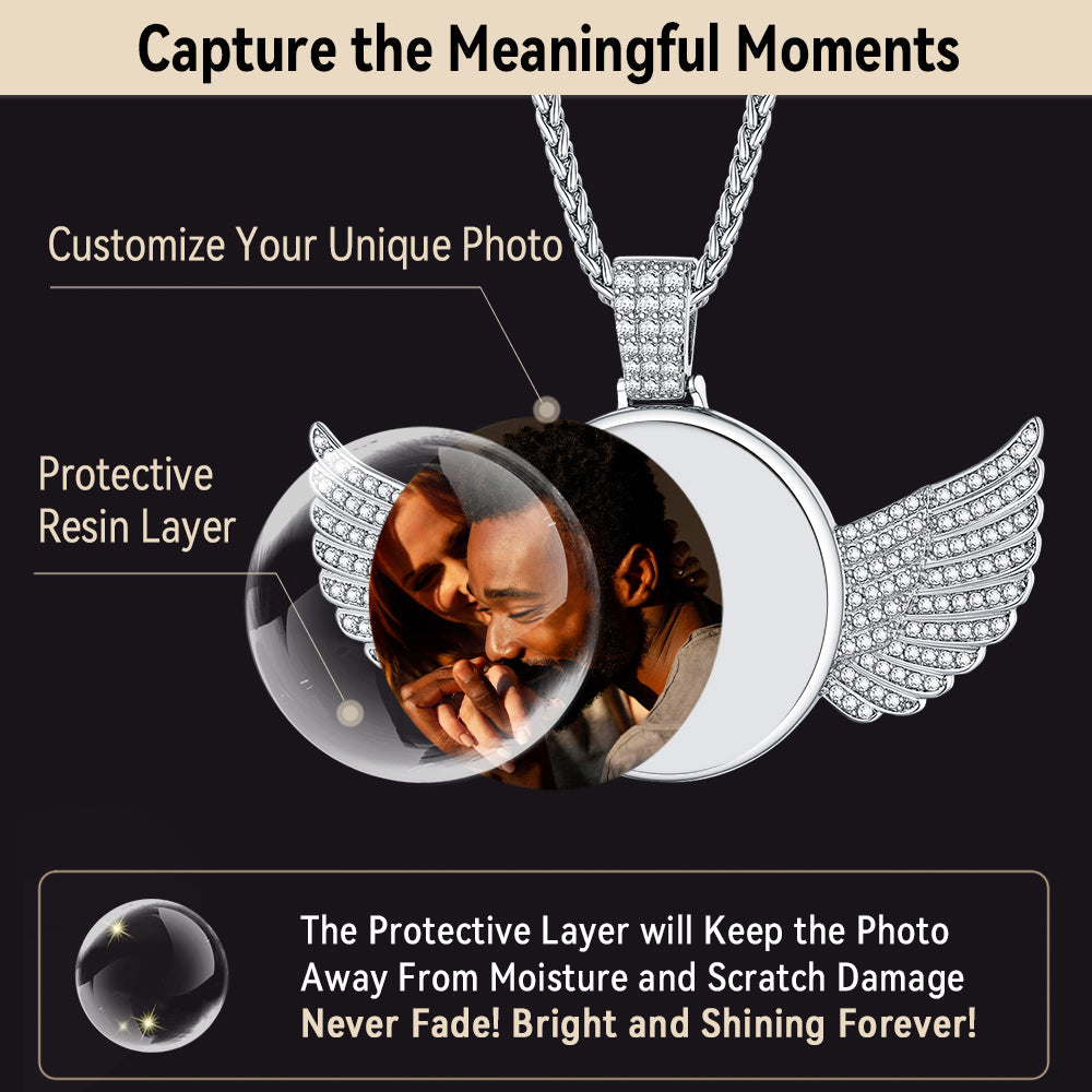 Custom Circle Picture Necklace With Angel Wing Memorial Gift for