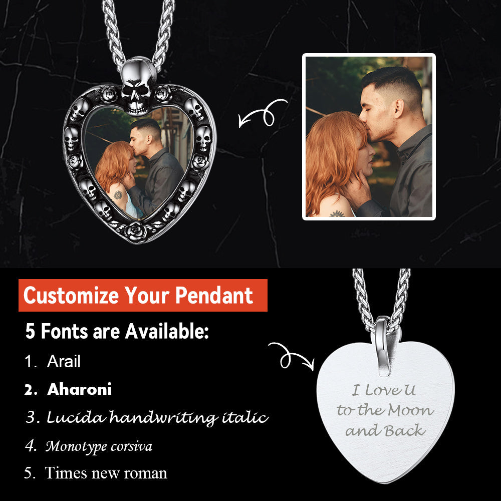 Customized Memorial Heart Photo Necklace With Skull for