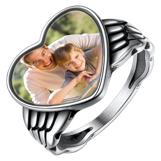 Personalized Photo Heart Angel Wing Ring With Picture for