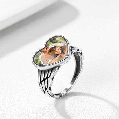 Personalized Photo Heart Angel Wing Ring With Picture for