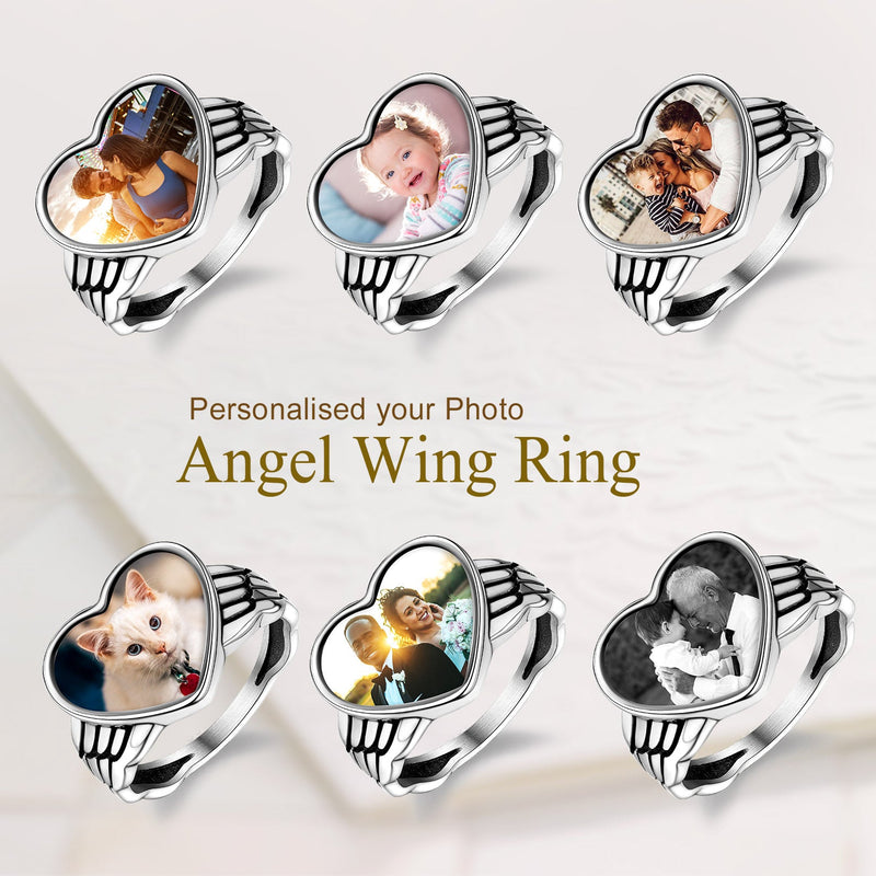Personalized Photo Heart Angel Wing Ring With Picture for