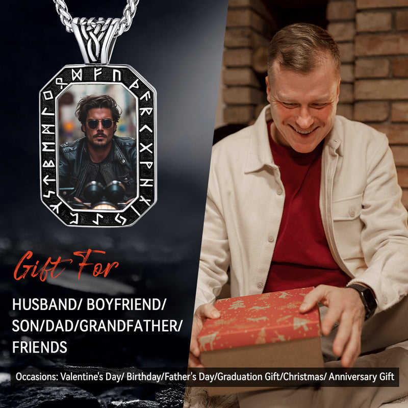 Engraved Customized Photo Dog Tag Necklace With Viking Runes for