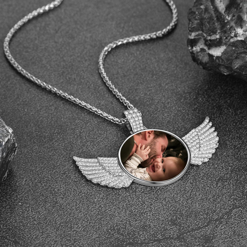 Sterling Silver Customized Memorial Picture Circle Chain Necklace With Angel Wing for