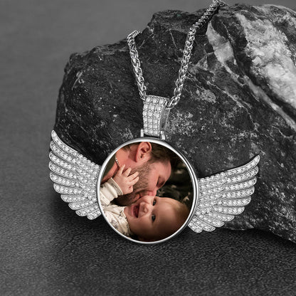 Sterling Silver Customized Memorial Picture Circle Chain Necklace With Angel Wing for