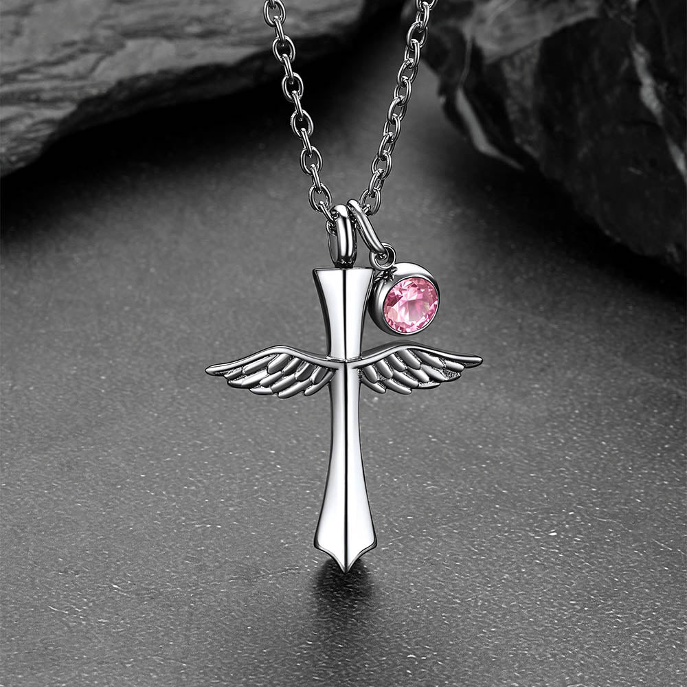 Custom Cremation Cross Wing Urn Ashes Necklace With Birthstone