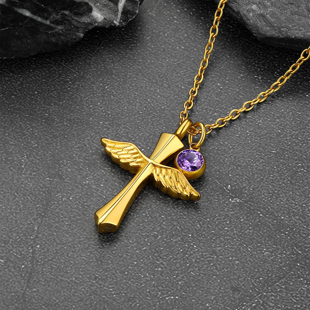 Custom Cremation Cross Wing Urn Ashes Necklace With Birthstone