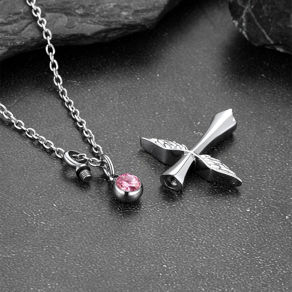 Custom Cremation Cross Wing Urn Ashes Necklace With Birthstone