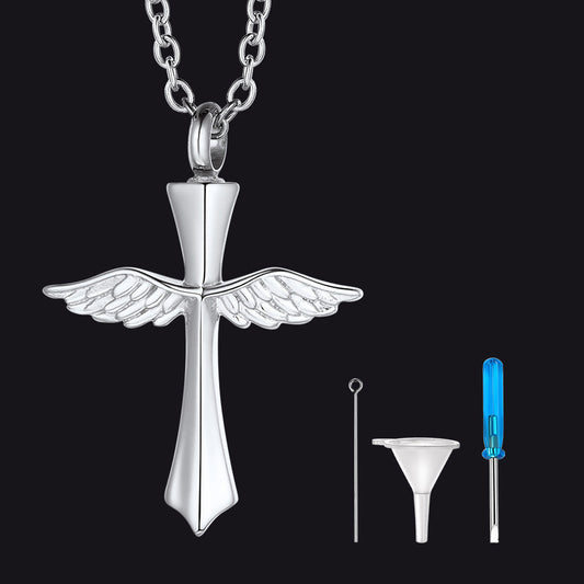 Custom Cremation Wings Cross Urn Ashes Pendant Necklace for