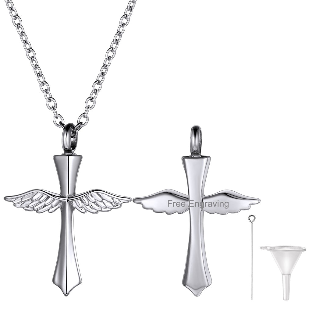 Custom Cremation Wings Cross Urn Ashes Pendant Necklace for
