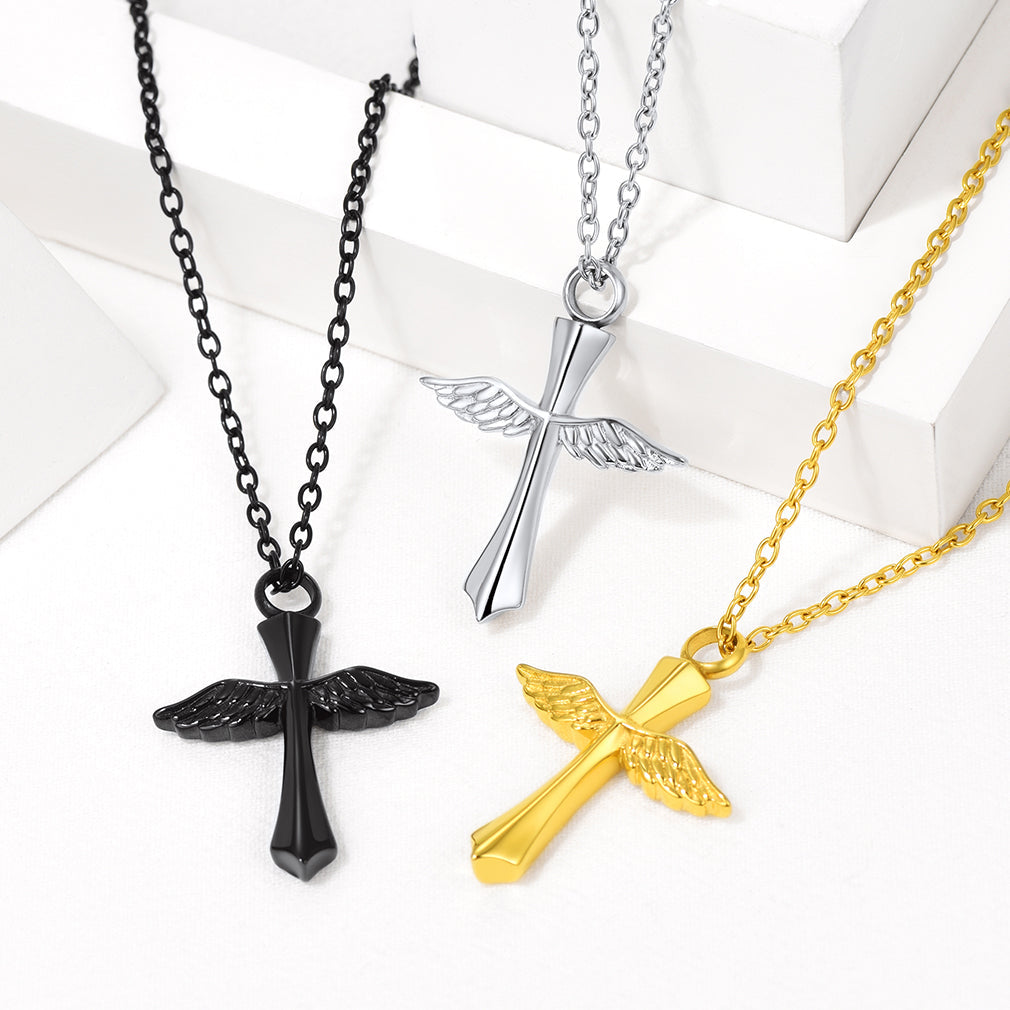 Custom Cremation Wings Cross Urn Ashes Pendant Necklace for