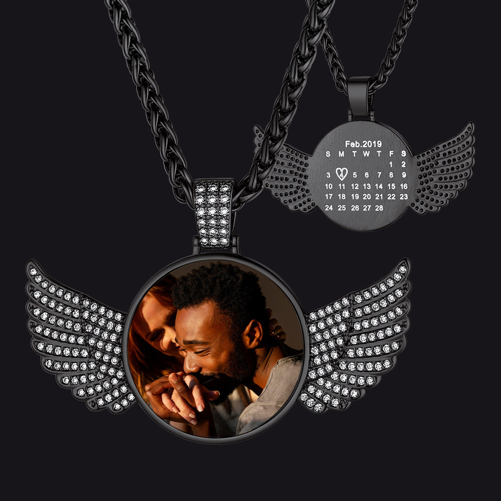 Custom Circle Picture Necklace With Angel Wing Memorial Gift for