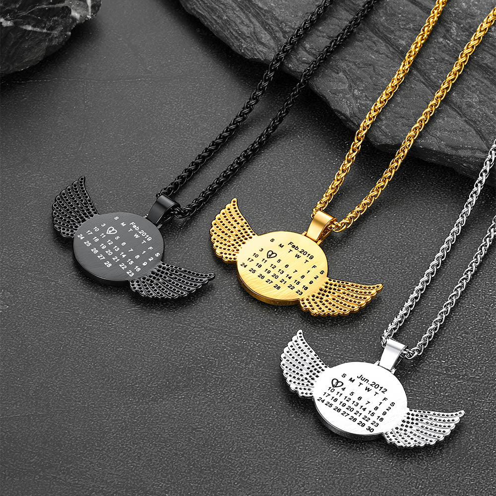 Custom Circle Picture Necklace With Angel Wing Memorial Gift for