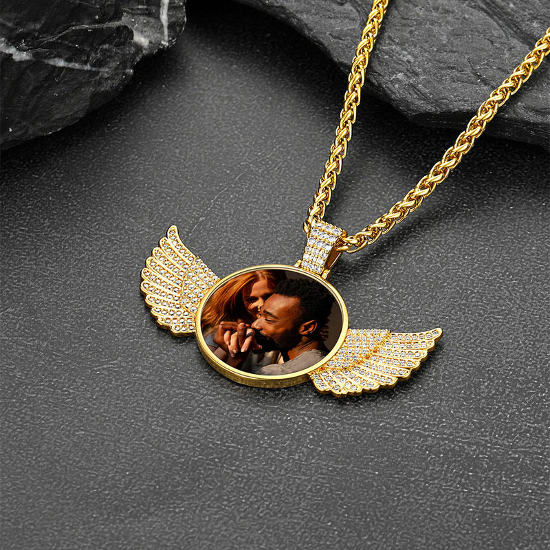 Custom Circle Picture Necklace With Angel Wing Memorial Gift for