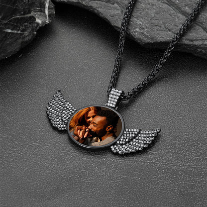 Custom Circle Picture Necklace With Angel Wing Memorial Gift for