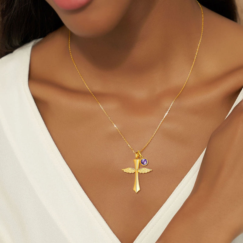 Custom Cremation Cross Wing Urn Ashes Necklace With Birthstone