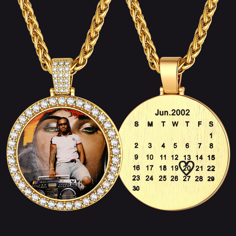 Customized Cz Picture Circle Chain Necklace With Calendar for